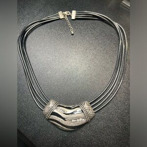 Silver Tone Rhinestone Slide Pendant Black Triple Waxy Corded Necklace